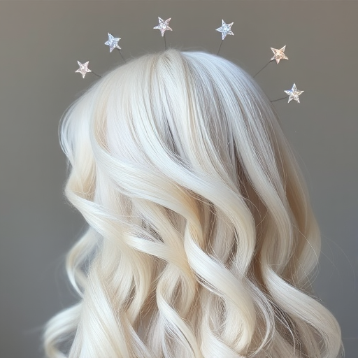 Ethereal white-blonde waves known as "Celestial Halo" float gracefully around the head, adorned with tiny star-shaped crystals and a subtle opalescent sheen