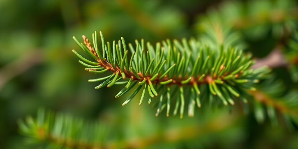 A high-resolution close-up of a vibrant green pine branch with detailed textures, shot with a DSLR camera using a 50mm lens at f/2.8, ISO 100, and a shallow depth of field, featuring natural lighting and a blurred background for emphasis on the foliage.