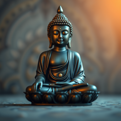 Create a highly detailed illustration of a meditating Buddha with gold accents, using a DSLR camera with a 50mm lens, aperture set to f/1.8 for a shallow depth of field, shot from a low angle to emphasize the figure, and a soft focus background to enhance the subject's presence.