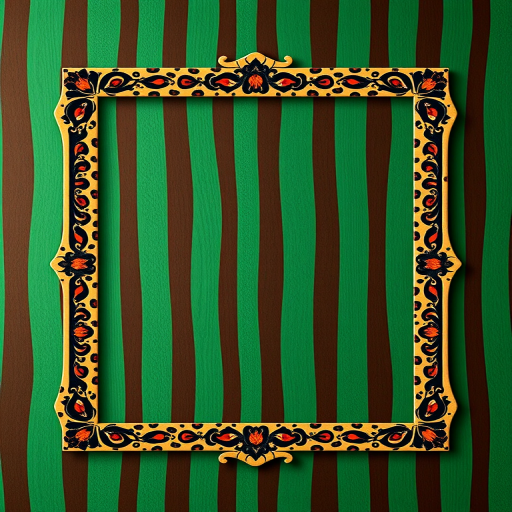 Create a high-resolution image with a rich green and brown striped background and a decorative leopard print frame, using a DSLR camera, 50mm lens, aperture f/1.8, ISO 100, and a shallow depth of field for a vibrant look.