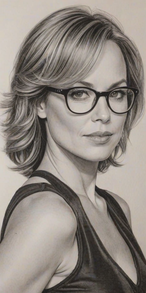 Splendid Melora Hardin, pencil sketch, portrait of Attractive woman 1975s in glasses, hair style beatnik, outline, clear lines, fine lines, 8k