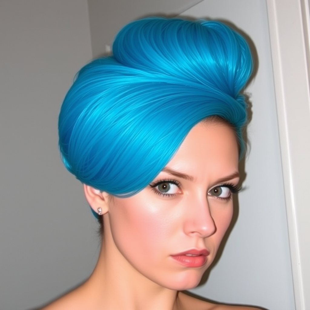 Image of a woman with their hair styled upright,  in a cylinder shape. The hair  color is neon blue and appears to be held in place by a hair product, giving it a fluffy texture. The background is nondescript, and the person's face is looking at the viewer nervously.