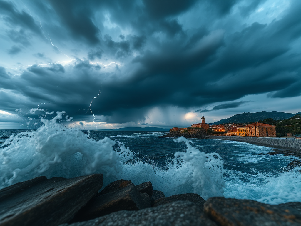 Create a dramatic coastal scene with a stormy sky illuminated by lightning, capturing the rough sea and a quaint village on the shore, using a Canon EOS R5 camera with a 24mm f/1.4 lens, ISO 100, f/11, and a shutter speed of 1/60 sec, shot from a low angle to emphasize the turbulent waves and distant mountains, in a moody, cinematic style.