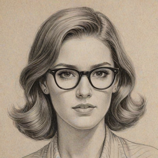 Sublime Cassadee Pope, pencil sketch, portrait of Comely woman 1938s in glasses, hair style beatnik, outline, clear lines, fine lines, 8k