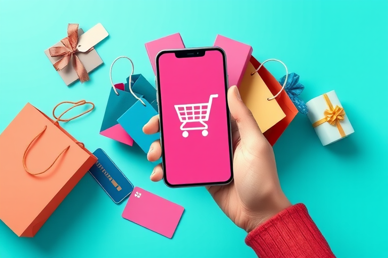Create an illustration of a hand holding a smartphone with a shopping cart icon on the screen, surrounded by colorful shopping bags, a credit card, and a gift box, using a bright turquoise background, capture in 4K resolution, top-down view, with a digital art style and use a high-quality graphics tablet.