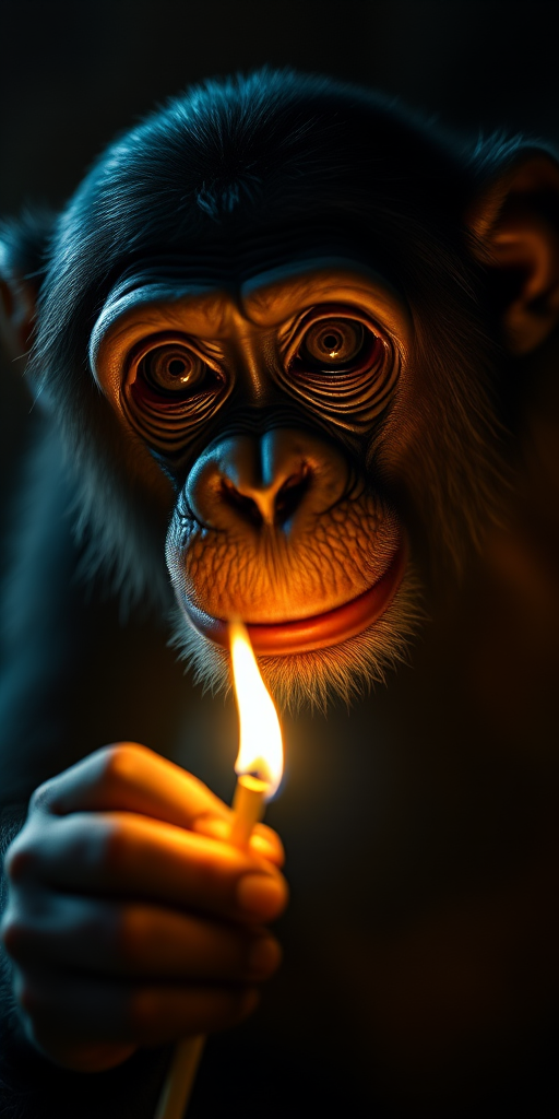 chimpanzee holding a lit matchstick in a dimly lit environment with a focus on its expressive face, depth of field, 85mm lens, f/1.4 aperture, ISO 200, soft natural lighting, close-up shot, DSLR camera