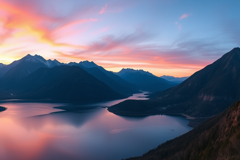 High-resolution image of a serene landscape with mountains and a lake at sunset, captured with a Canon EOS 5D Mark IV, 24mm f/1.4 lens, ISO 100, aperture f/8, shutter speed 1/60s, panoramic view, vibrant color enhancements.