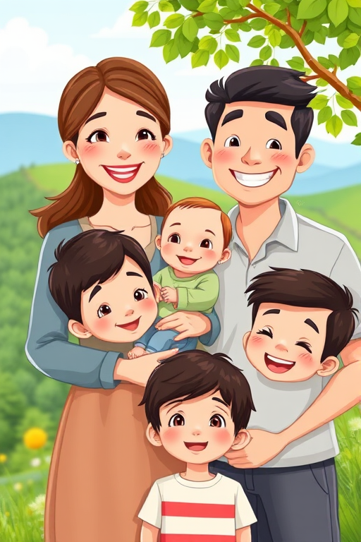 A wholesome family scene with a mother holding a smiling baby, a young boy beside her, and a smiling man, surrounded by lush greenery and hills in the background; camera type: DSLR, camera style: cartoon illustration, camera settings: f/8 aperture, 1/200 sec shutter speed, ISO 100, wide-angle lens.