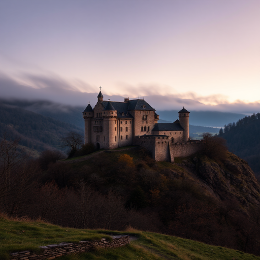 Generate a high-resolution image of a majestic medieval castle surrounded by misty mountains, captured at dusk with a Canon EOS R5 camera, 24mm lens, f/8 aperture, ISO 100, using a long exposure technique for ethereal light effect and a slightly elevated viewpoint to emphasize the grandeur of the castle.
