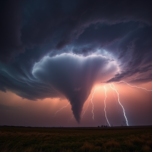A dramatic thunderstorm with a swirling tornado and bright lightning striking the ground, captured with a Canon EOS R5 at f/8, ISO 100, 1/250 sec, wide-angle view, cinematic style, enhancing the contrast and vibrant colors in the sky.
