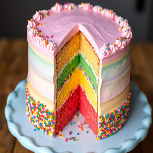 A colorful layered cake with pink frosting on top, decorated with sprinkles, featuring a slice cut out to reveal multiple layers of vibrant colors and sprinkles inside, presented on a light blue cake stand.