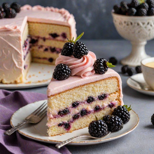 A slice of layered cake with a light pink frosting, featuring layers of sponge cake and blackberry filling. The cake is topped with decorative swirls of frosting and is garnished with fresh blackberries. The plate is set against a soft background, with more blackberries in a small dish nearby.