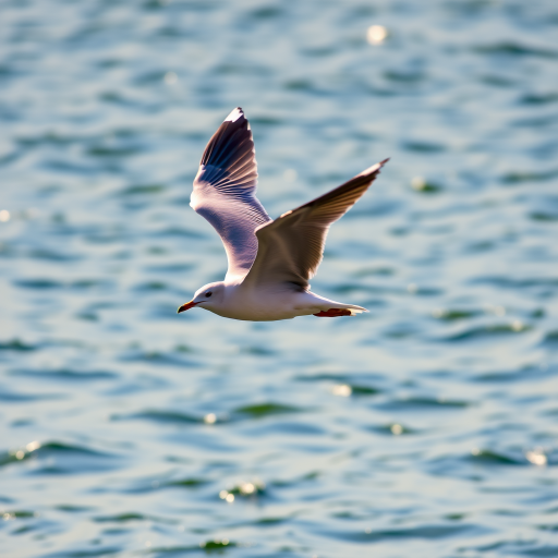 A close-up photo of a seagull in mid-flight over a shimmering water background, using a DSLR camera, aperture f/5.6, shutter speed 1/1000s, ISO 400, 50mm lens, while capturing sharp details and vibrant colors.