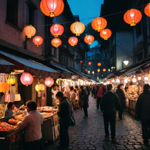 High-contrast, night-time photo of a bustling street market, vendors selling colorful goods under glowing lanterns, soft shadows cast on the cobblestone street, people chatting and browsing, a distant sound of music and soft chatter filling the air.