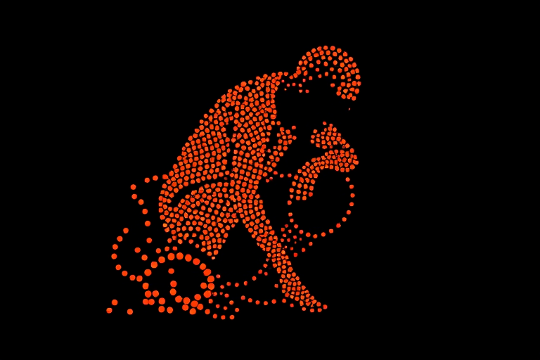 Create an abstract depiction of a crouching figure using a dot style with vibrant orange and black contrasts, captured with a DSLR camera at f/2.8, ISO 100, 50mm lens, in a high-contrast lighting setup, emphasizing texture and shape.