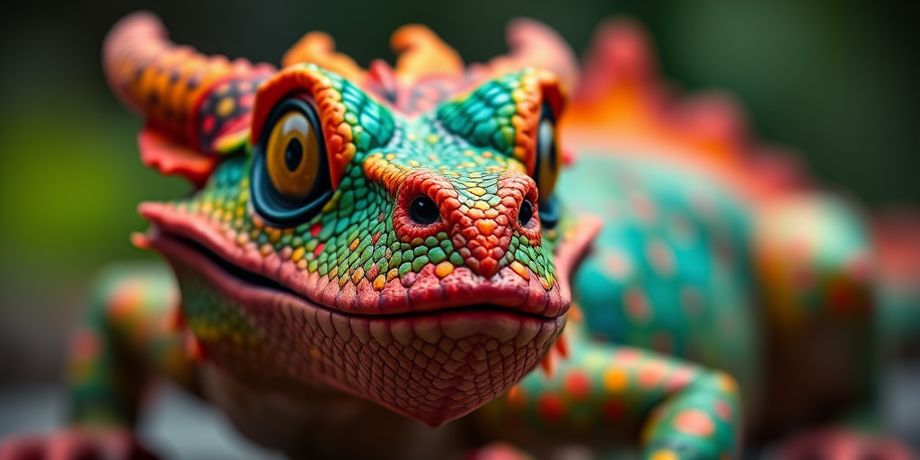 A vibrant, detailed dragon creature with colorful scales and large expressive eyes, low angle view, soft focus background, vivid lighting emphasizing textures, taken with a DSLR camera, f/2.8 aperture, 50mm lens, ISO 100, 1/200 sec shutter speed.