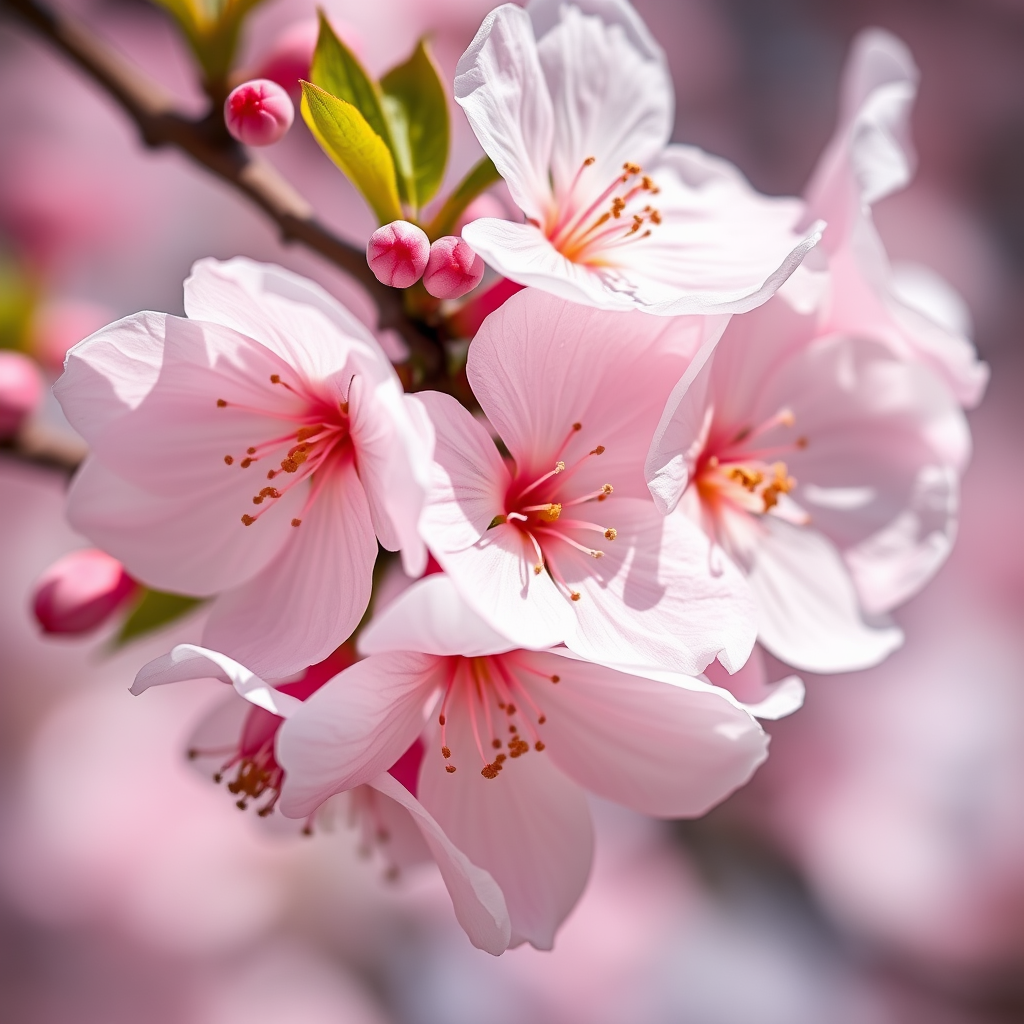 Create a close-up image of cherry blossom flowers with a soft-focused background, using a DSLR camera, 50mm lens, f/2.8 aperture, ISO 100, and natural lighting to enhance colors and details.