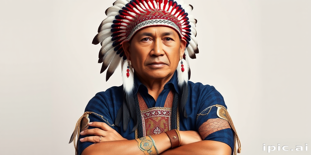 Create a dignified portrait of a Native American man dressed in traditional attire. He wears a beautifully crafted headdress adorned with white feathers and red beads, along with a beaded headband featuring intricate patterns. His clothing includes a deep blue, patterned shirt and a traditional chest piece with detailed beadwork. His arms are crossed, displaying leather armbands decorated with feathers. The background is simple and neutral, emphasizing his proud and stoic expression. The overall image captures the rich cultural heritage and strength of his persona.