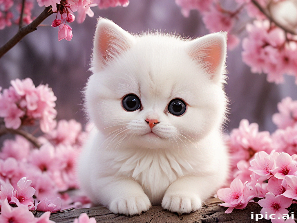 A Adorable White Kitten Surrounded by Beautiful Cherry Blossom Flowers.