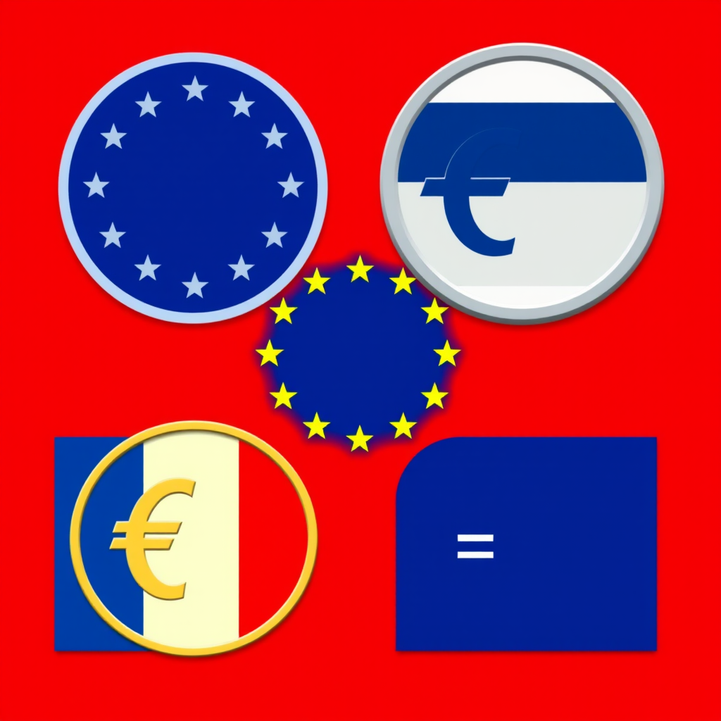 Create a high-resolution vector graphic featuring the European Union symbols: a circular emblem with stars, a rectangular logo, a flag design, and a Euro coin, all set against a vibrant red background, using a Canon EOS 5D Mark IV with a 50mm f/1.8 lens, at f/8 aperture, ISO 100, shot from eye level for clarity and detail.