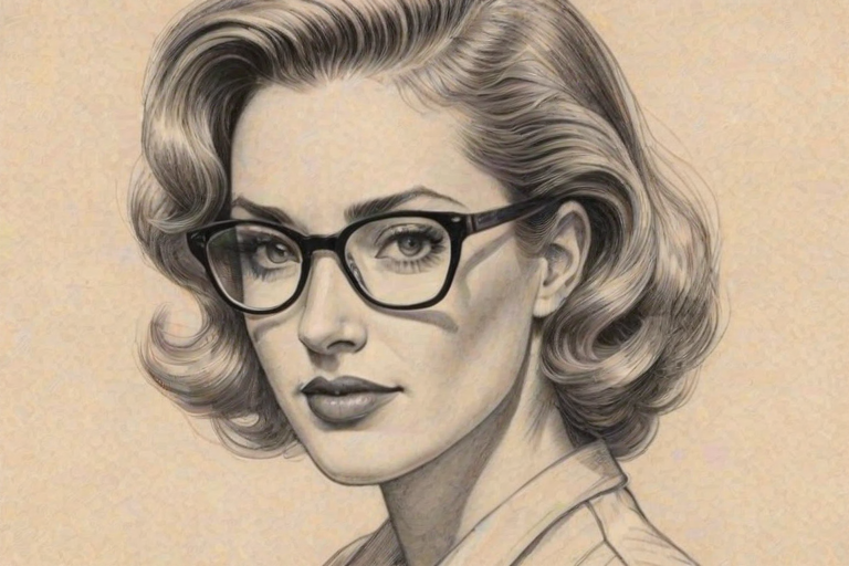 Fetching Alison Haislip, pencil sketch, portrait of Fascinating woman 1943s in glasses, hair style beatnik, outline, clear lines, fine lines, 8k