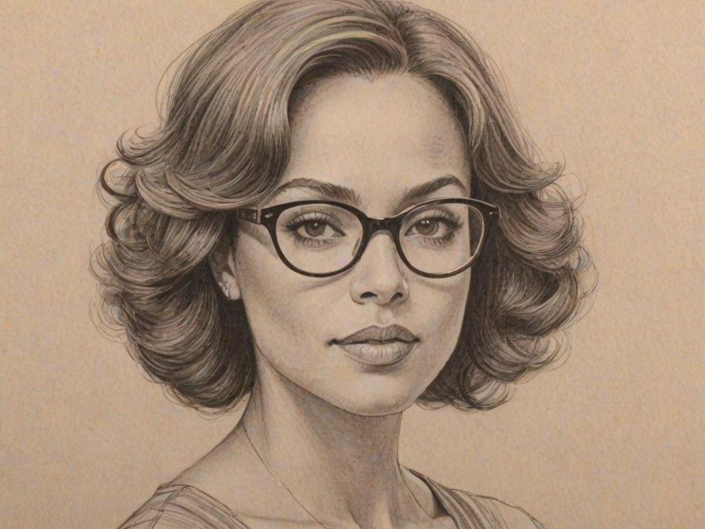 Stunning Tammy Townsend, pencil sketch, portrait of Fetching woman 1965s in glasses, hair style beatnik, outline, clear lines, fine lines, 8k