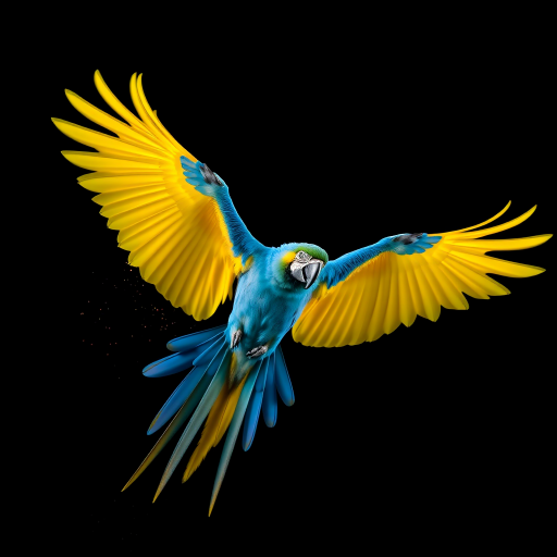 a vibrant blue and yellow macaw in mid-flight, wings spread wide against a black background, with colorful particles of dust scattering around, shot with a Canon EOS 5D Mark IV, 85mm lens, f/4 aperture, ISO 100, shutter speed 1/1000s, in portrait mode for enhanced detail and clarity