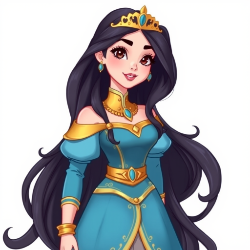 Create an illustration of an animated princess with long dark hair, wearing a detailed flowing blue outfit and gold accessories. She stands confidently, exuding charm and grace.