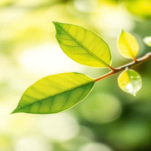 watercolor illustration of a green leaf branch, natural light, f/5.6 aperture, 100mm macro lens, shallow depth of field, shot from above, soft focus background, high-resolution digital camera