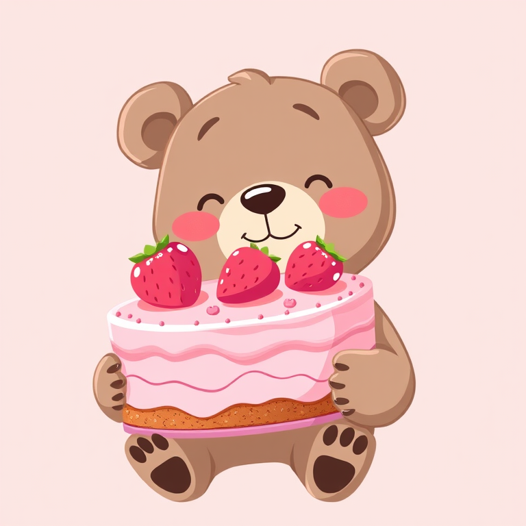 Create a cute illustration of a cartoon bear holding a pink strawberry cake, shot with a Canon EOS 5D Mark IV, 50mm lens, f/2.8 aperture, 1/125s shutter speed, and bright soft lighting for a whimsical look.