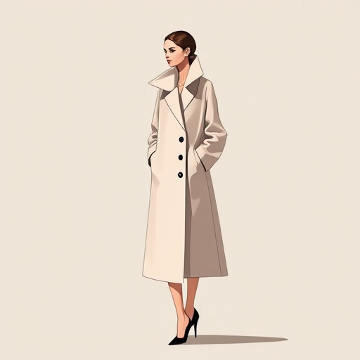 Create a high-resolution illustration of a stylized fashion figure wearing an elegant oversized coat with large collars and heels, shot with a Canon EOS R5 at f/2.8, ISO 100, 50mm lens, side lighting for dramatic effect, focusing on smooth contours and flowing lines in a minimalist style.