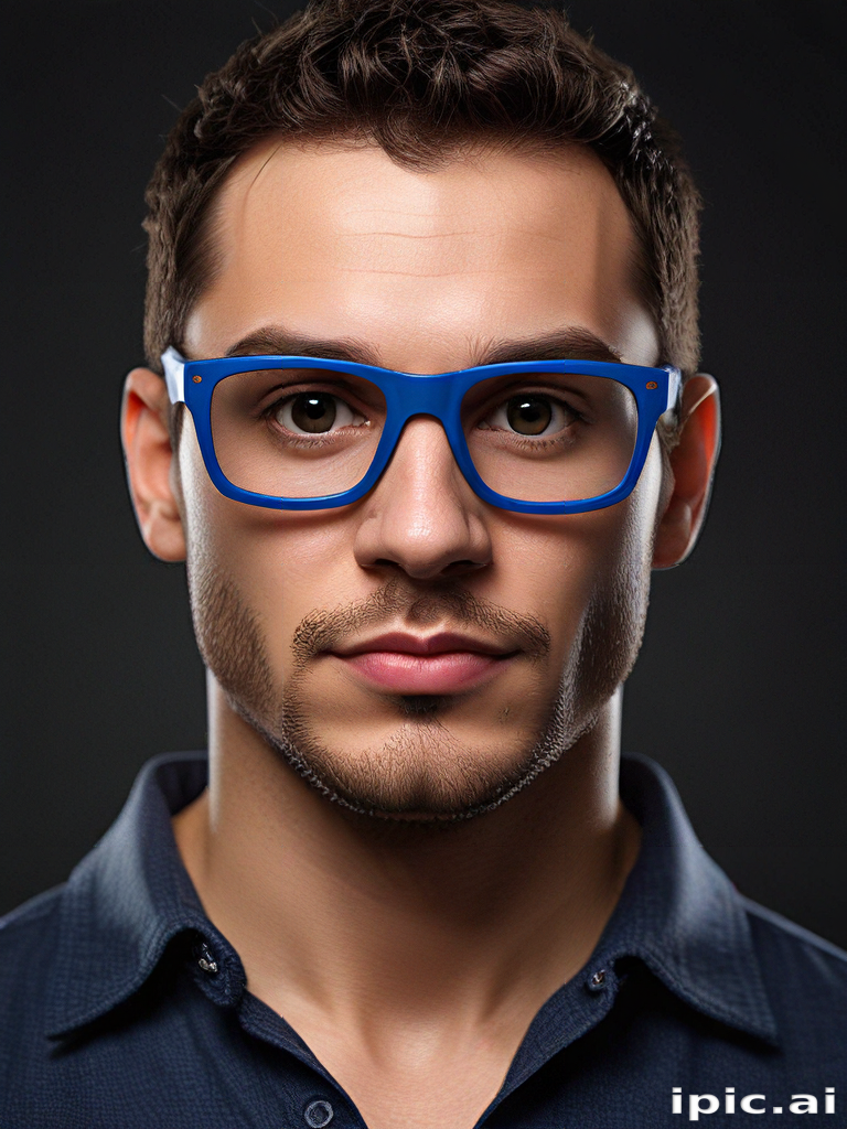 Portrait of a Young Man with Stylish Blue Glasses Against a Dark Background
