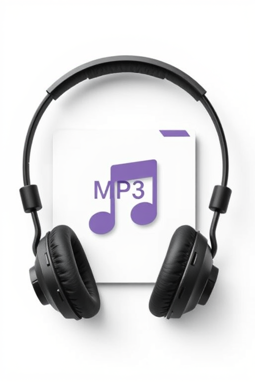Create an image of an MP3 file icon with a pair of headphones, in a modern flat design, using a white background, high contrast colors, shot with a 50mm lens at f/2.8, ISO 100, in portrait orientation, using a digital camera.