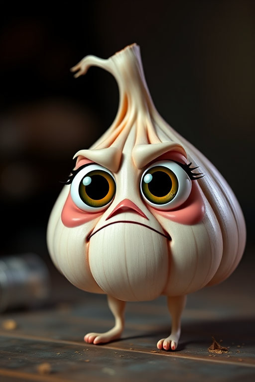 Generate an image of a cartoonish garlic character with large expressive eyes, a mischievous frown, and tiny legs, captured in high resolution with a 50mm lens, f/2.8 aperture, low light background, and vibrant colors using a DSLR camera style.