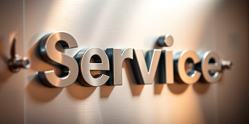 Create a high-resolution image of a metallic sign with the word "Service" in a stylish font, use a Canon EOS 5D Mark IV, aperture f/2.8, ISO 100, 50mm lens, with a soft focus background and studio lighting.