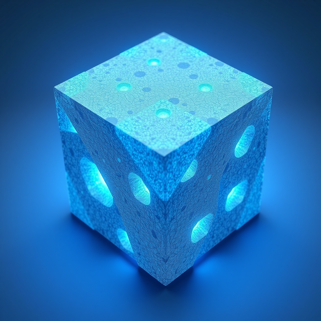 Create a high-resolution digital illustration of a textured cube with blue glowing elements, using a Canon EOS R5 with a 50mm f/1.2 lens at f/2.8, 1/100s shutter speed, and ISO 100, viewed from a slight overhead angle with soft lighting for enhanced depth and contrast.