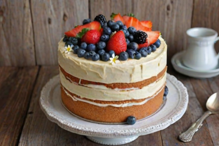 Create an image of a multi-layered cake with a smooth frosting. The cake should be adorned with fresh fruit like blueberries and lemon slices, as well as small white flowers for decoration. The setting should have a rustic wooden table background.