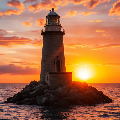 Generate an image of a tall lighthouse perched on a rocky outcrop surrounded by calm ocean waters during a breathtaking sunset. The lighthouse stands sturdy and weathered, its stone surface illuminated by the warm golden light of the setting sun. The sun's rays pass directly through the glass lantern room at the top of the lighthouse, casting a brilliant light across the scene. The sky is painted with vibrant shades of orange, pink, and purple, reflecting off the tranquil sea. The surrounding water shimmers with the same warm hues, creating a serene and majestic atmosphere.