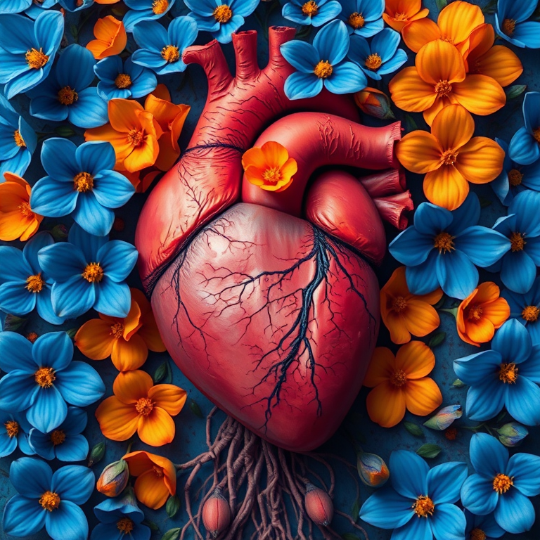Create a vibrant and detailed illustration of a human heart surrounded by blue and orange flowers, with intricate roots and teardrops, using a Canon EOS R5, 50mm lens, f/1.8 aperture, ISO 100, natural light, top-down view, and high saturation for enhanced colors.