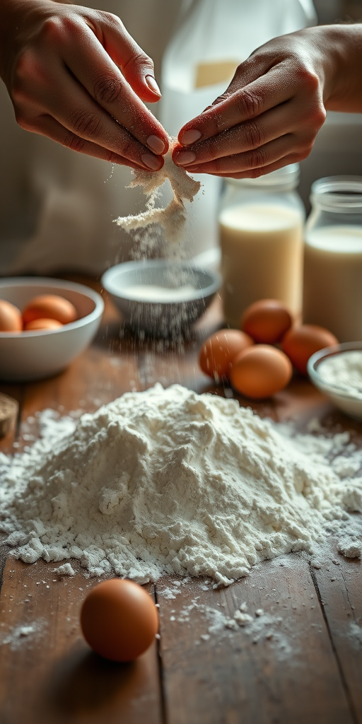 a close-up shot of a baker's hands sprinkling flour over a mound of flour on a wooden table, surrounded by eggs, flour bowls, and a jar of milk, soft natural lighting, f/2.8 aperture, 50mm lens, shutter speed 1/200s, ISO 100