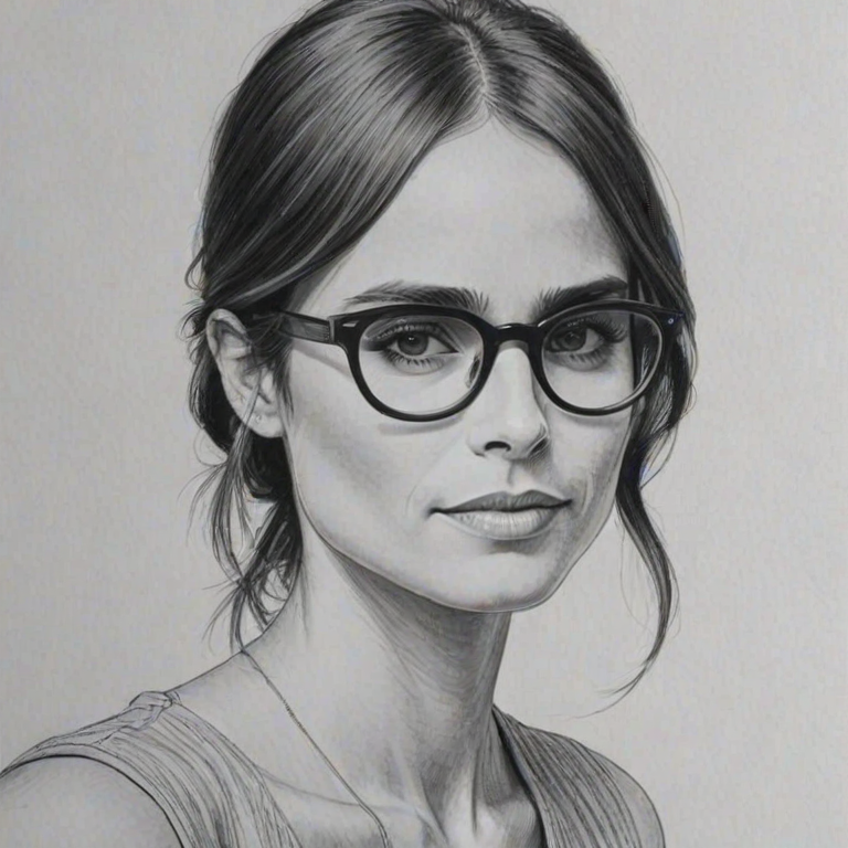 Sublime Jordana Brewster, pencil sketch, portrait of Enchanting woman 1924s in glasses, hair style beatnik, outline, clear lines, fine lines, 8k