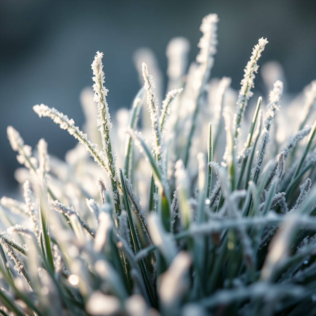 Frosty grass close-up with a soft focus, shot with a DSLR camera at f/2.8 aperture, 1/250 sec shutter speed, ISO 100, 50mm lens, natural backlighting for enhanced texture and detail.