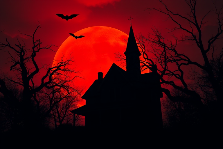Create a high-resolution horror-themed image of a haunted house silhouette against a fiery red sky, with dark, twisted trees and bats flying, using a DSLR camera with a 50mm lens, f/1.8 aperture, ISO 100, and a low-angle view for dramatic effect.