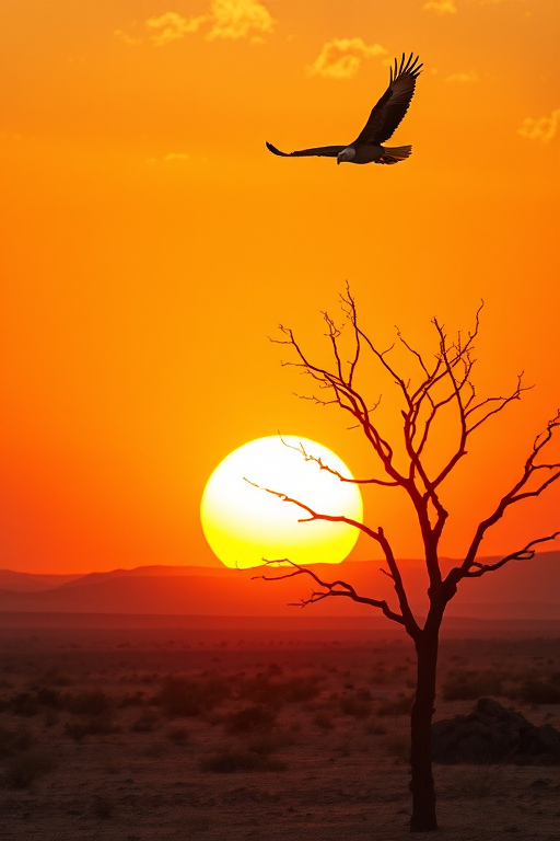 vivid sunset over a desert landscape with a large sun in the background, a solitary tree with sparse branches, an eagle soaring overhead, soft clouds in the sky, warm color palette, high-resolution image, taken with a DSLR camera, ISO 100, aperture f/8, shutter speed 1/250s, wide-angle lens, landscape orientation