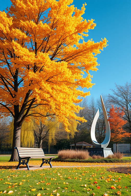 Generate a vibrant autumn landscape scene featuring golden ginkgo trees, a park bench, and a modern sculpture on a clear blue sky day, captured with a Canon EOS R5, 35mm lens, f/8 aperture, ISO 100, and a soft focus for depth.