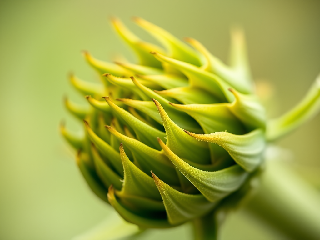 macro shot of a sunflower bud with intricate detail, shallow depth of field, soft bokeh background, taken with a DSLR camera at f/2.8, 100mm lens, ISO 200, natural light, focus on the texture and colors of the bud