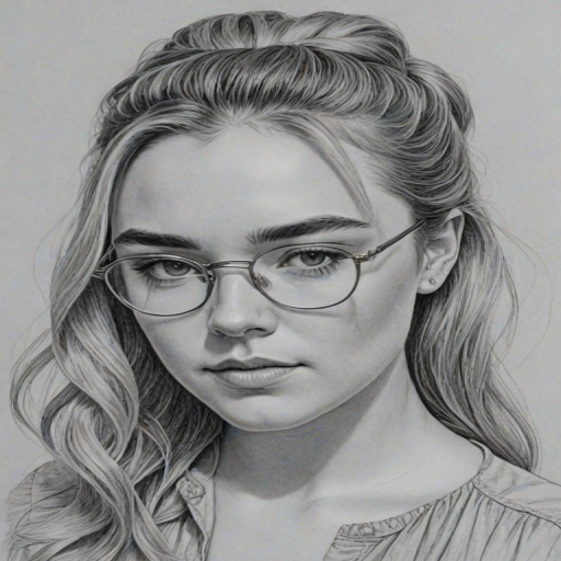 Comely Florence Pugh, pencil sketch, portrait of Lovely woman 1977s in glasses, hair style beatnik, outline, clear lines, fine lines, 8k