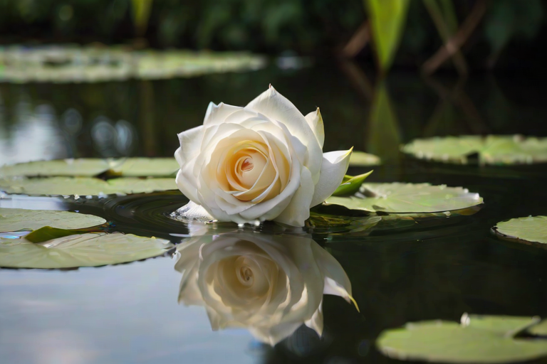 Softly focused image of a single white rose floating in a crystal-clear pond, delicate petals catching soft sunlight, with distant lily pads and vibrant green foliage barely visible in the background.