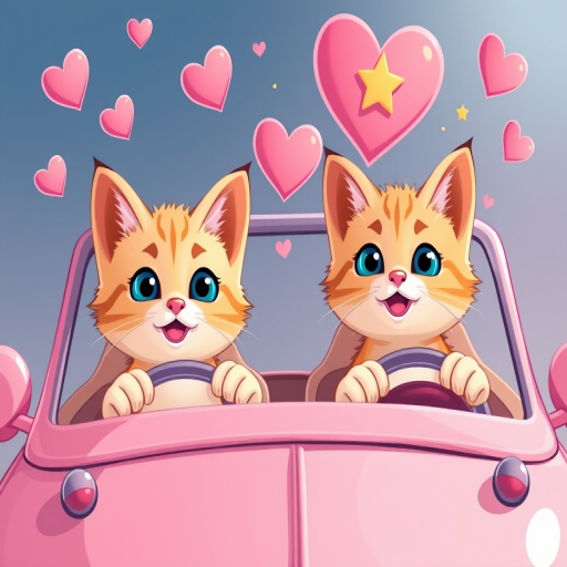 Generate a cute cartoon image of two adorable cats driving a pink convertible car with heart and star decorations floating above, using a vibrant color palette, taken with a 50mm lens, f/2.8 aperture, 1/200 sec shutter speed, in a playful and whimsical style, high resolution.