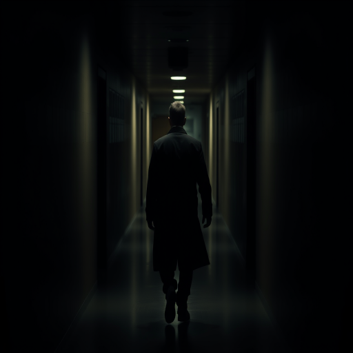A noir-style hallway scene featuring a man in a trench coat walking away, low key lighting to create dramatic shadows, sharp focus, 50mm lens, f/1.8 aperture, ISO 200, shot with a full-frame DSLR, with a slightly elevated angle for depth.